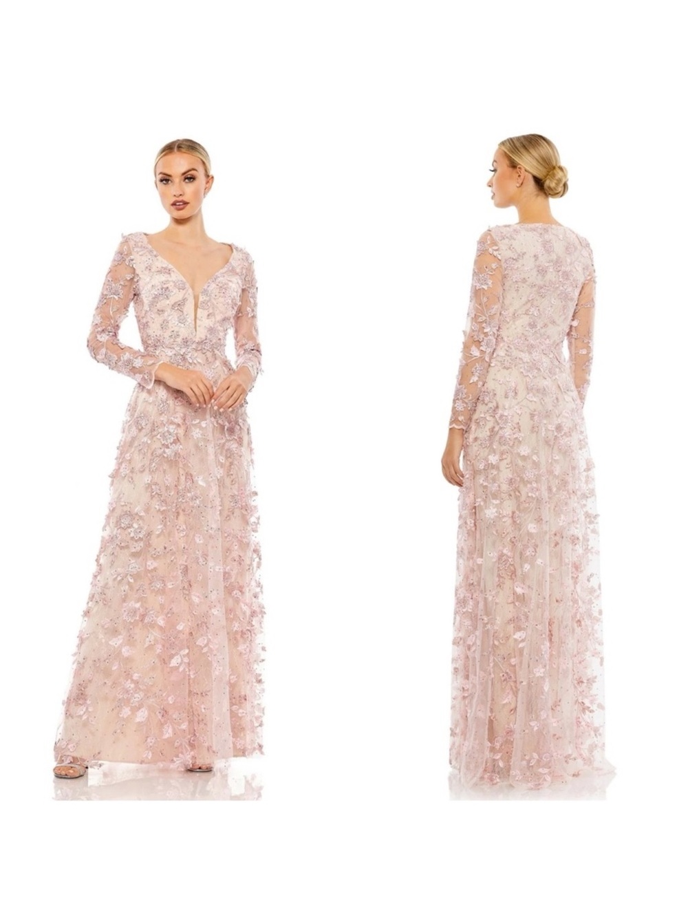 Mac Duggal 70224 Pink Floral Applique Long Sleeve illusion gown dress Sz 6